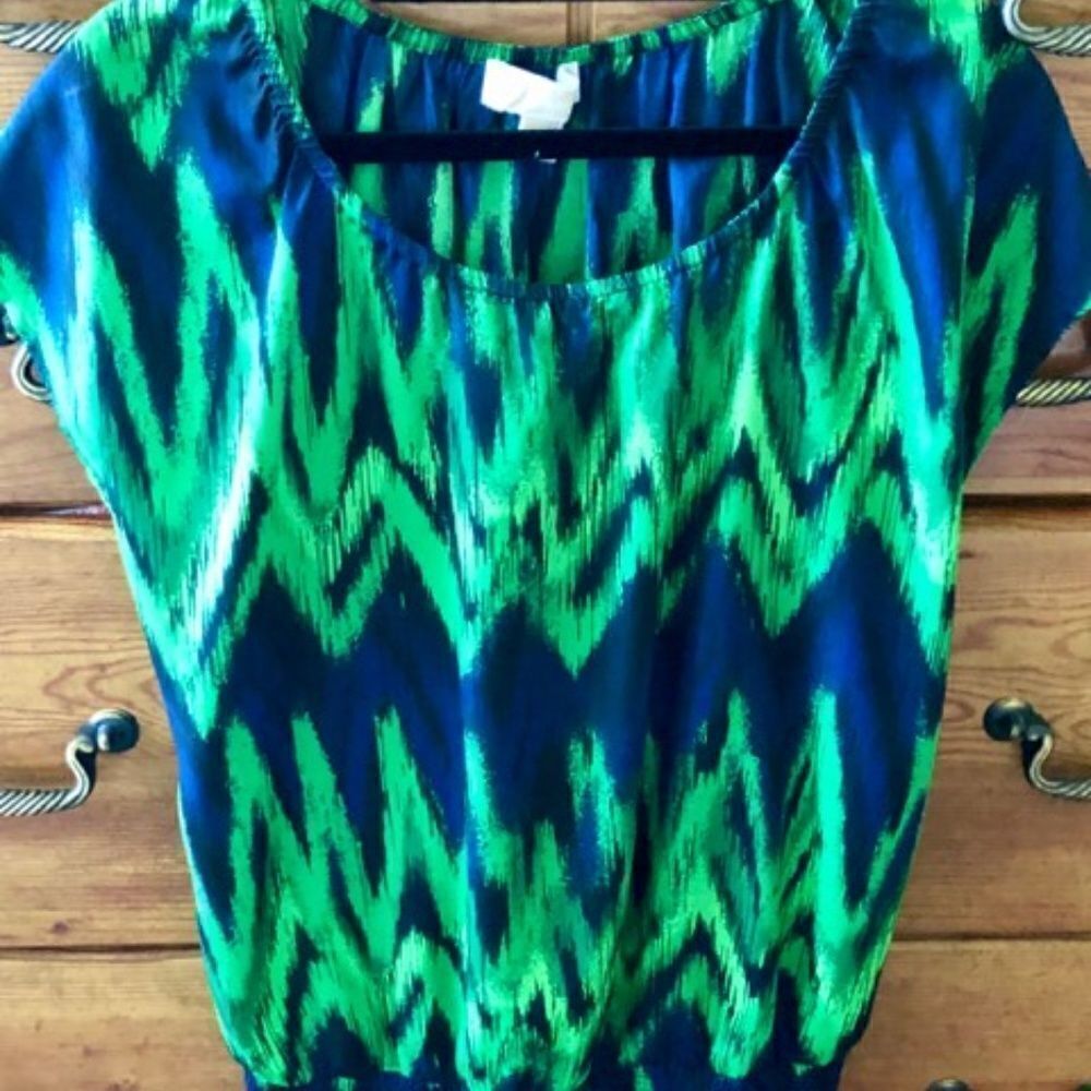 Michael Kors Navy Blue & Green Peasant Top